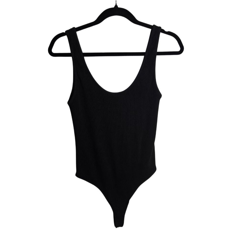 Vince Black Ribbed Knit Thong Bodysuit Scoop Neck Low Back Sz M
